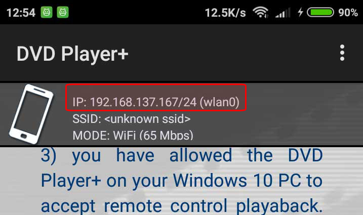 DVD Player+ Active WiFi connection on the Android! Notice the IP: ...
