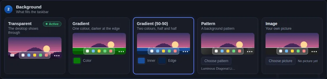 Background row with Transparent, Gradient, Gradient 50-50, Pattern and Image options