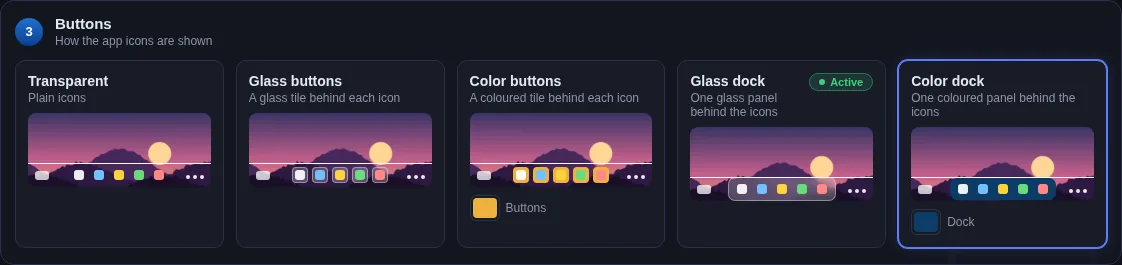 Buttons row with Transparent, Glass buttons, Color buttons, Glass dock and Color dock