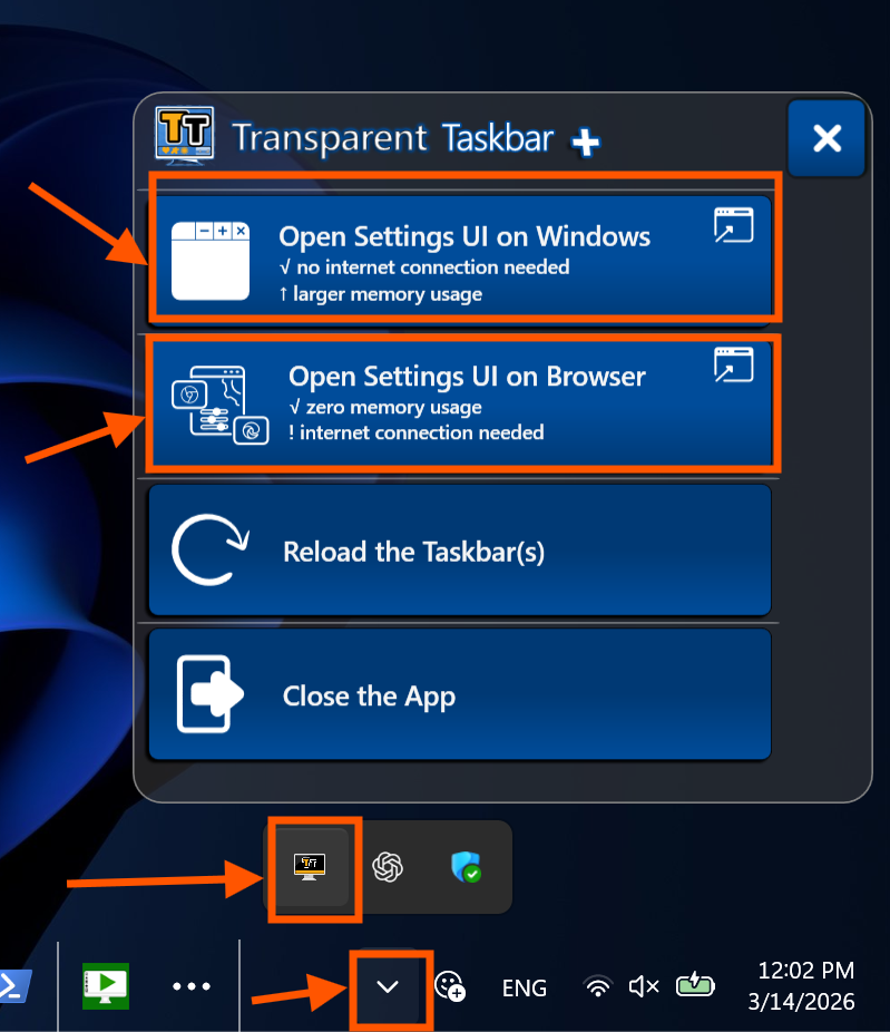 Transparent Taskbar+ Lite, launch User Interface from Action Center