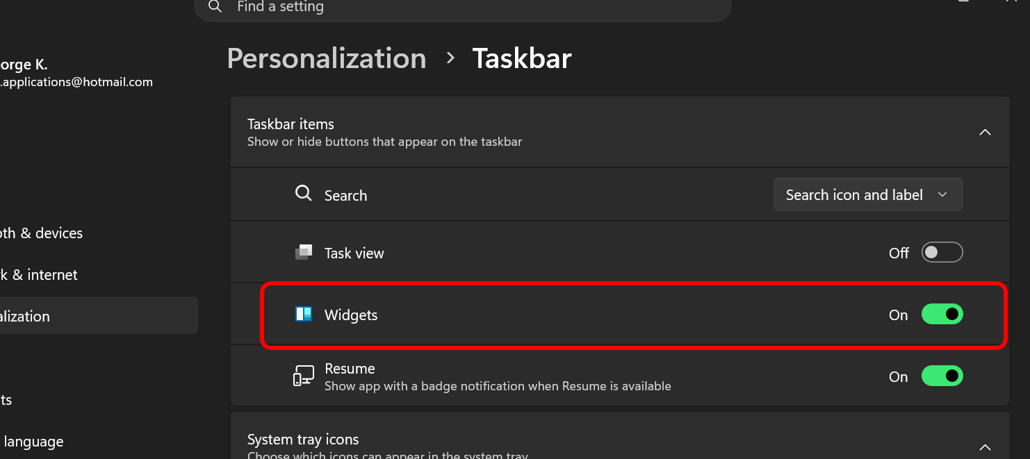 Taskbar widget screenshot