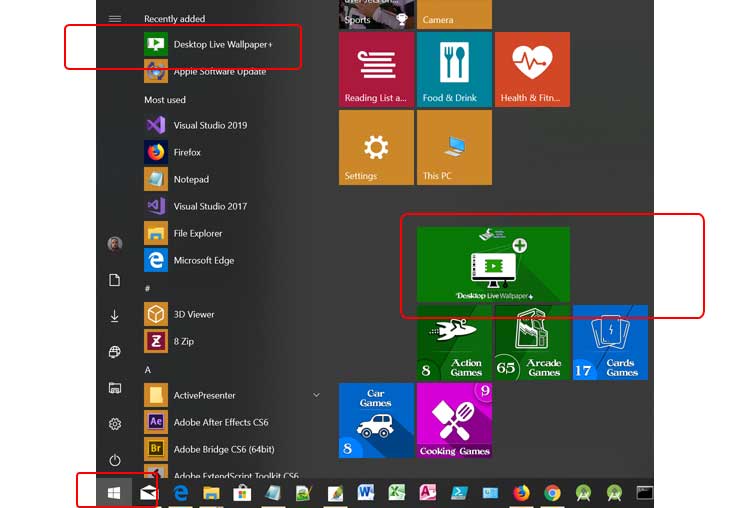 Starting the Desktop Live Wallpaper+ from the Windows Menu